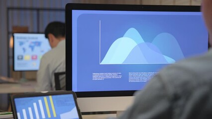 Asia people expert man tech talent night working late on predict sales insight SEO graph chart AI smart plan visual big data science report center BI tools screen. Office worker asian analyst job.