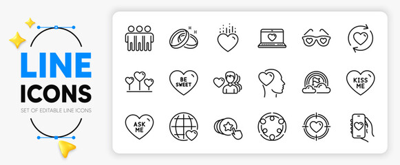 Wedding rings, Friend and Inclusion line icons set for app include Man love, Friendship, Hold heart outline thin icon. Love heart, Be sweet, Valentine target pictogram icon. Vector