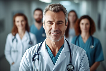 Fototapeta premium Caucasian Doctor Leading a Dedicated Team of Nurses and Assistants, Providing Expert Health and Professional Care. created with Generative AI