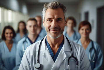 Caucasian Doctor Leading a Dedicated Team of Nurses and Assistants, Providing Expert Health and Professional Care. created with Generative AI