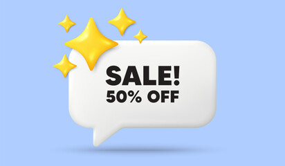 Sale 50 percent off discount. 3d speech bubble banner with stars. Promotion price offer sign. Retail badge symbol. Sale chat speech message. 3d offer talk box. Vector
