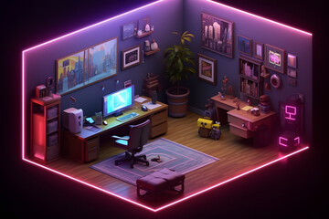 3d game room isometric style Made with Generative AI