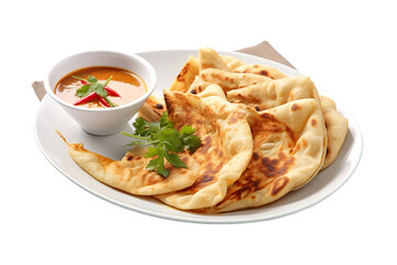 ndian roti prata canai 2 pieces with spicy curry chicken gravy soup in bowl in white background asian halal menu