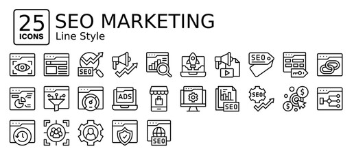 Seo Marketing icons in outline style. Collection of Seo Marketing icons for web design, app, and modern projects. Simple vector editable stroke, easy to use	
