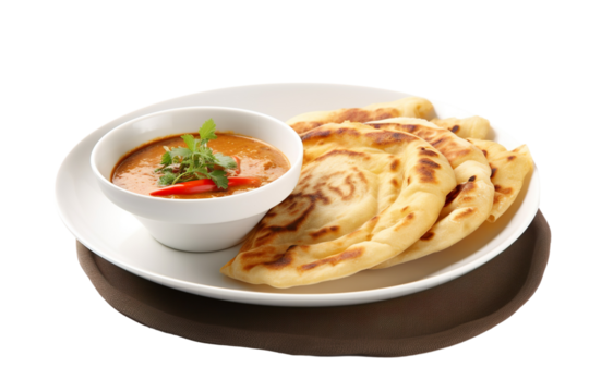 ndian roti prata canai 2 pieces with spicy curry chicken gravy soup in bowl in white background asian halal menu