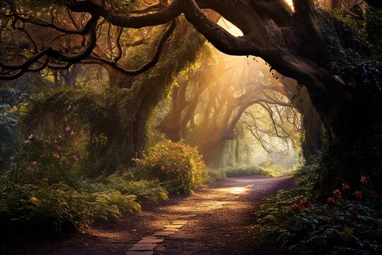 Enchanting pathway through a magical woodland. Generative AI