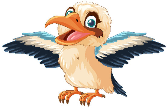 A cartoon illustration of a smiling Kookaburra bird with its wings wide open, isolated on a white background