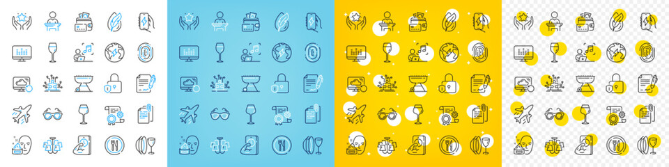 Vector icons set of Grill, Electricity and Bordeaux glass line icons pack for web with Music making, Ranking, Food outline icon. Plane, Hypoallergenic tested, Signing document pictogram. Vector