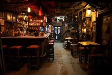 Dimly lit dive bar with narrow passage and rustic decor. Generative AI