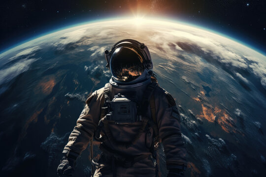 high angle photo of an astronaut in space with the earth, ai generated.