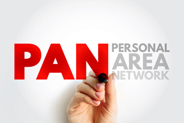 PAN Personal Area Network - computer network for interconnecting electronic devices within an individual person's workspace, acronym text concept background