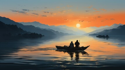 Two people in a small boat on a lake at sunset. Digital image.