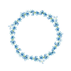 Watercolor blue spring flowers wreath. Floral blue wreath for invitation card design, elegant, romanic illustration - obrazy, fototapety, plakaty