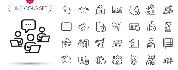 Pack of Accounting wealth, Chemistry flask and Time management line icons. Include Internet, Teamwork, Growth chart pictogram icons. Quiz test, Report, Infochart signs. Vector