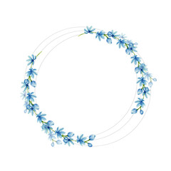 Watercolor blue flowers circle frame for invitaion, wedding, greetng card design