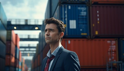 A businessman standing in front of shipping containers - obrazy, fototapety, plakaty
