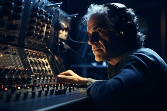 A man wearing headphones looking at a soundboard