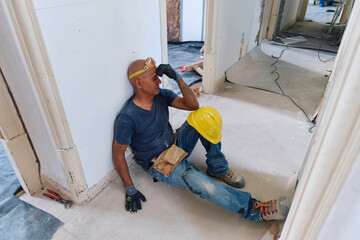 Tired construction worker touching forehead and sitting in corridor