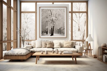 Warm living room with big window & white artwork. Generative AI