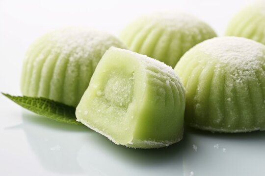 A plate of green tea mochi desserts on a table. Digital image.