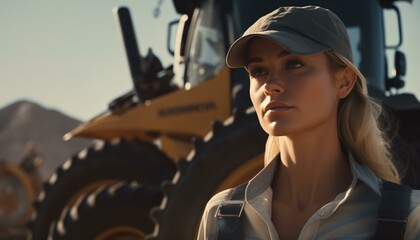 A woman standing in front of a tractor