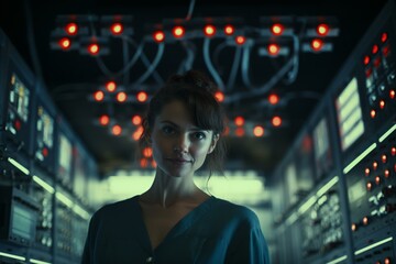 Naklejka premium A woman standing in front of a tangle of wires