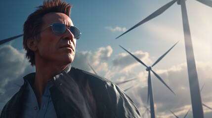 A man standing in front of wind turbines wearing sunglasses