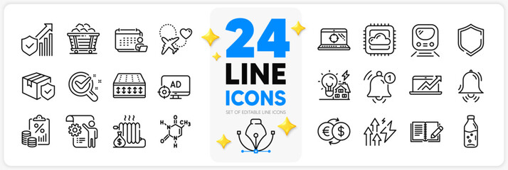 Icons set of Energy inflation, Water bottle and Security statistics line icons pack for app with Flexible mattress, Sales diagram, Seo laptop thin outline icon. Chemical formula. Vector