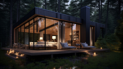 Obraz premium Housing modern scandinavian architecture luxury forest design summer exterior building home wooden