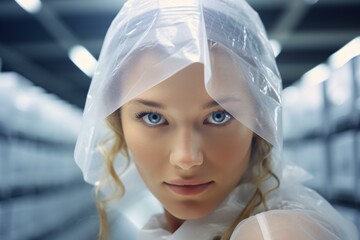 A woman with a plastic bag over her head, symbolizing suffocation or environmental issues