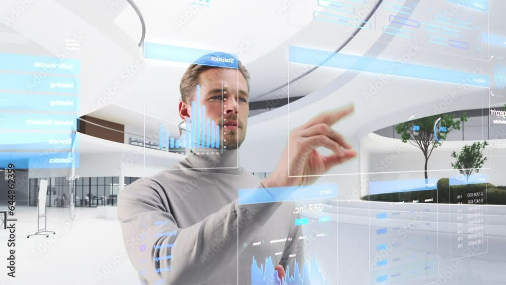 Aufkleber handsome man standing in a futuristic virtual space, interacting with an augmented reality hologram 