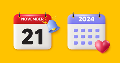 Calendar date 3d icon. 21th day of the month icon. Event schedule date. Meeting appointment time. 21th day of November month. Calendar event reminder date. Vector