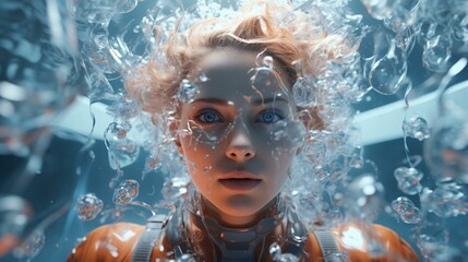 A woman with mesmerizing blue eyes surrounded by playful bubbles