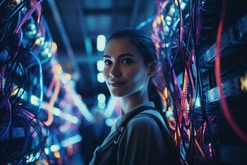 A woman surrounded by a network of tangled wires