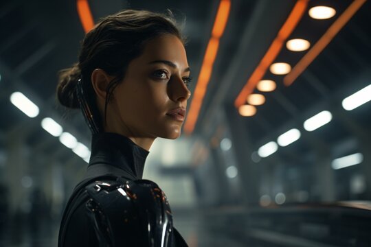 A woman in a futuristic suit gazing into the horizon