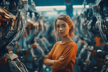 A woman in front of industrial machinery