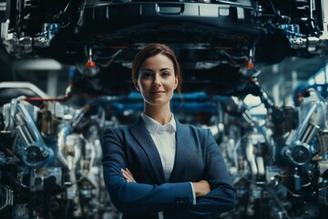 Obraz na płótnie Canvas A woman inspecting a car engine