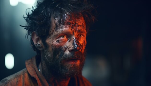 A man with blood on his face in a close-up shot