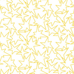 Seamless pattern in the form of yellow stars of various shapes. Bright sparks and outlines of flashes, similar to fireworks on a white, glow. Flickering glare, glow, light effect, bright flash