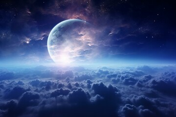 Naklejka na ściany i meble Enchanting space view featuring the moon and ethereal clouds of our planet. Generative AI