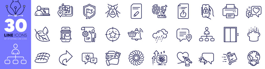 Rent car, Printer and Lift line icons pack. Rainy weather, Settings blueprint, Share web icon. Approved document, Software bug, Megaphone pictogram. Online education, Management, Cooking hat. Vector