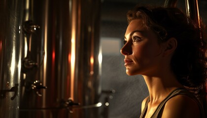 A woman standing in front of a row of metal tanks