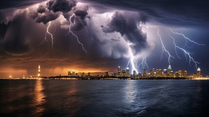 Naklejka na ściany i meble Viewed from Treasure Island, a dramatic lightning storm over San Francisco, California.