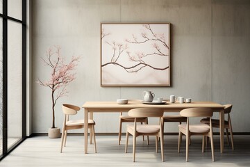 Elegant Scandinavian dining space featuring interchangeable picture frame, wooden furniture, coffee, and floral decorations. Modern design. Generative AI