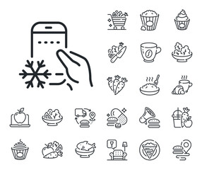 Fridge mobile application sign. Crepe, sweet popcorn and salad outline icons. Refrigerator app line icon. Remote control symbol. Refrigerator app line sign. Pasta spaghetti, fresh juice icon. Vector