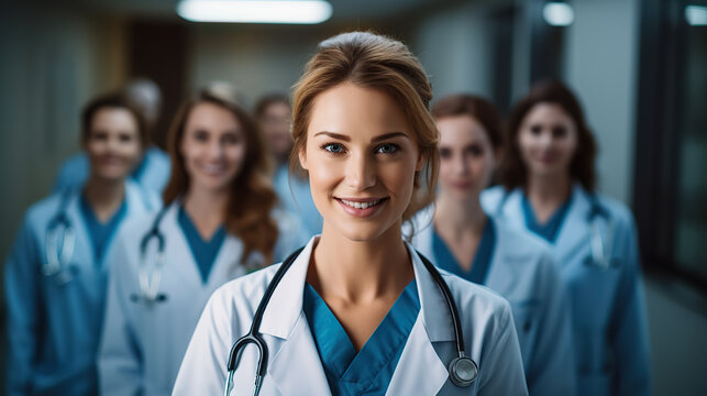 Confident Caucasian Doctor Leading a Dedicated Team of Nurses and Assistants, Providing Compassionate Health and Professional Care.  created with Generative AI