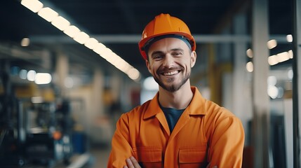 Employee with a happy smile. Inside a factory, a factory worker. Orange hard hat worn by a young technician.