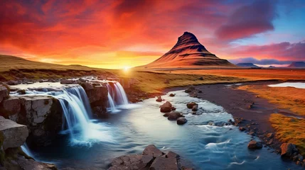 Photo sur Plexiglas Kirkjufell Beautiful scenery with a sunset over a waterfall