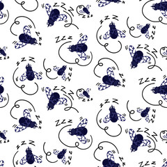 A pattern with cartoon small insects midges on a white background. Blue insects fly and buzz. Cartoon cute, funny, small insects. For printing on textiles and paper