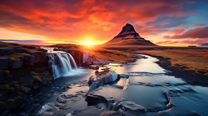 Beautiful scenery with a sunset over a waterfall